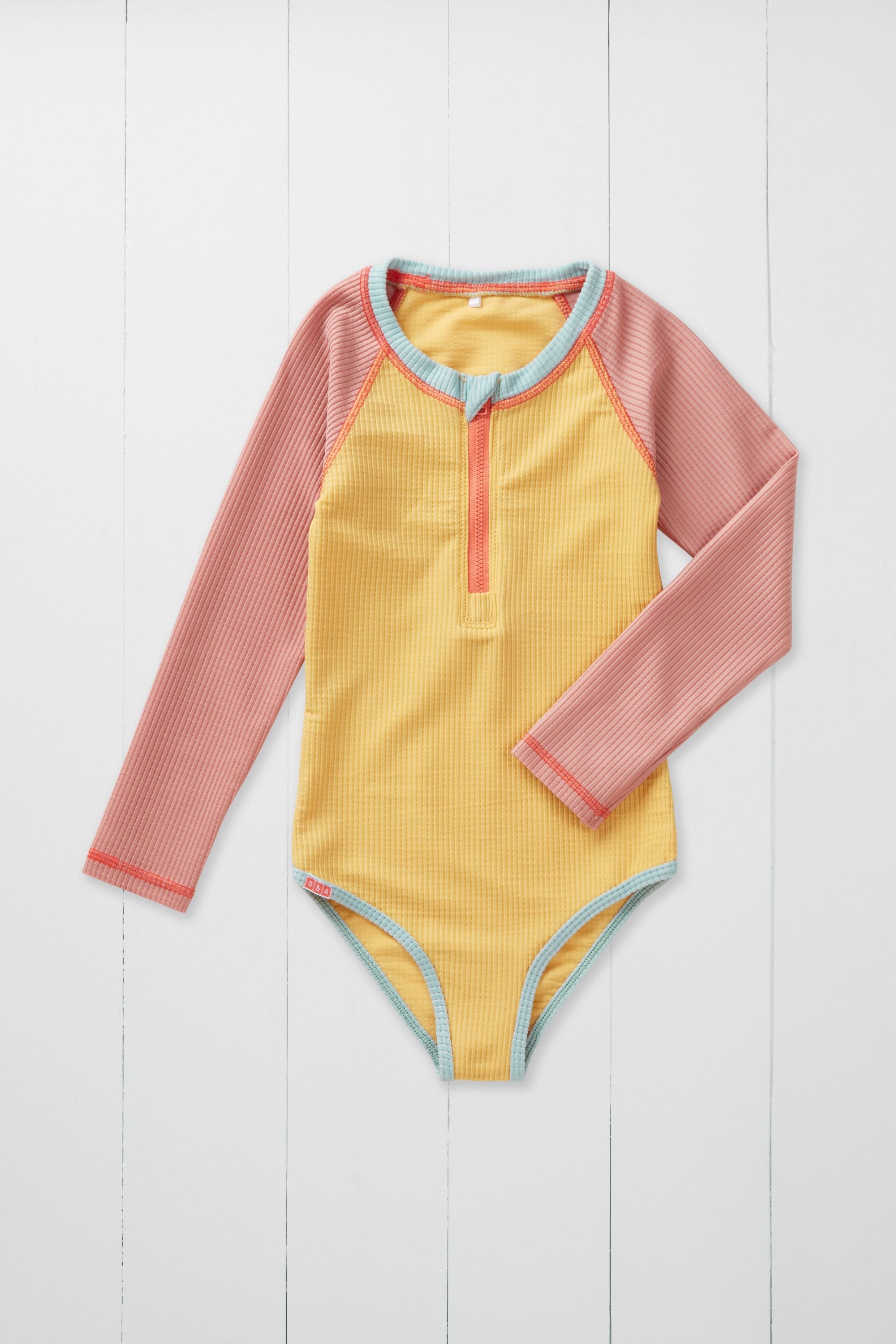 Ochre Ribbed Kids Long Sleeve Swimsuit