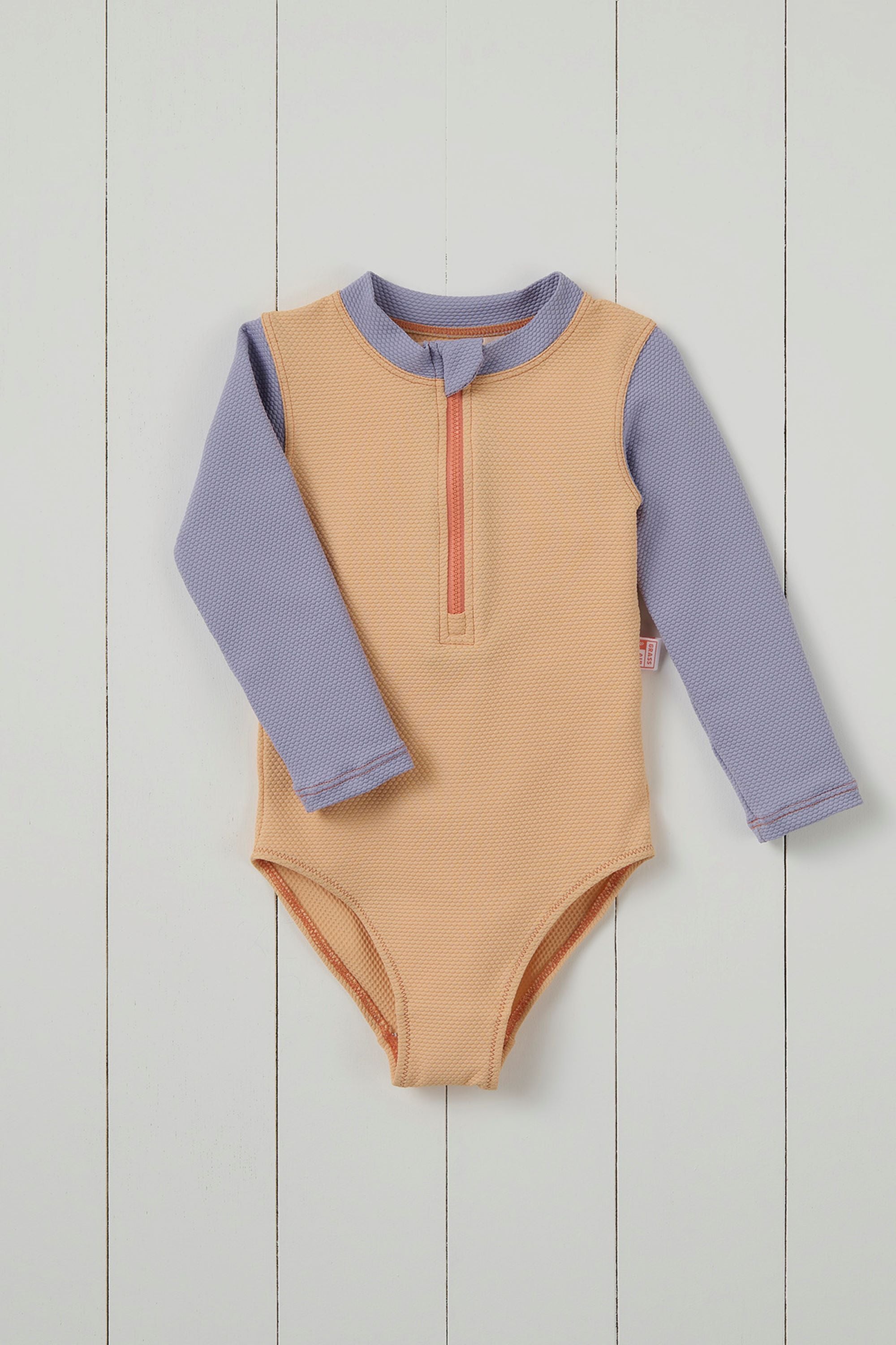 Peach Ribbed Kids Long Sleeve Swimsuit